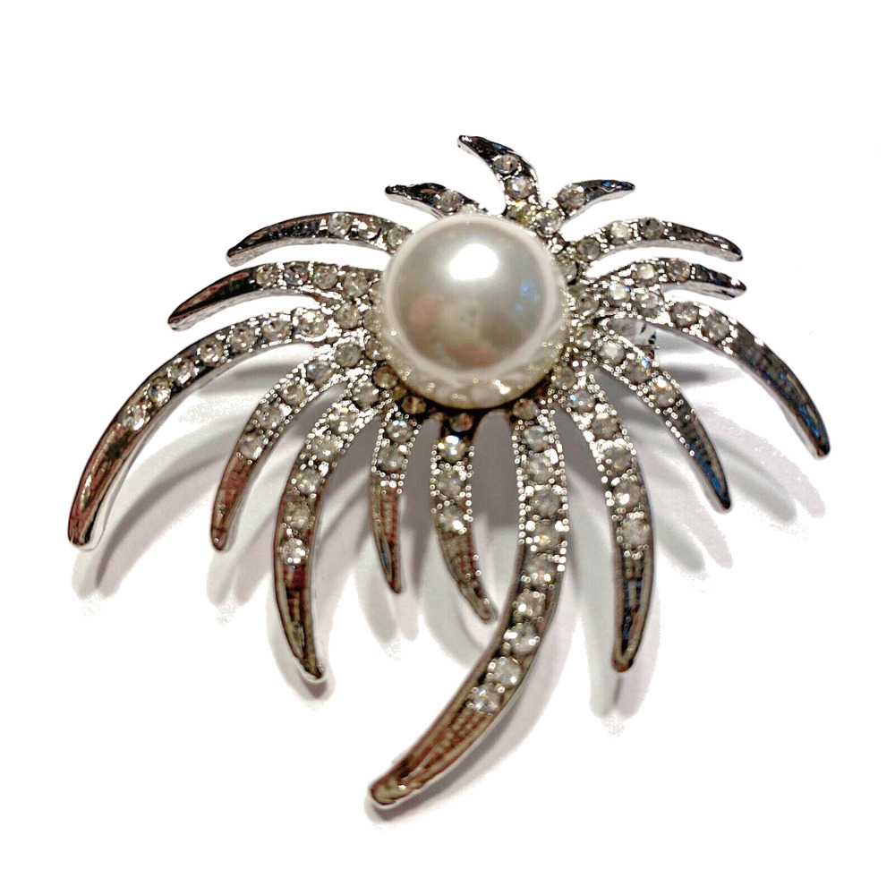 Silver Splash Statement Brooch Brilliant White Rhinestones & Faux Pearl Bead